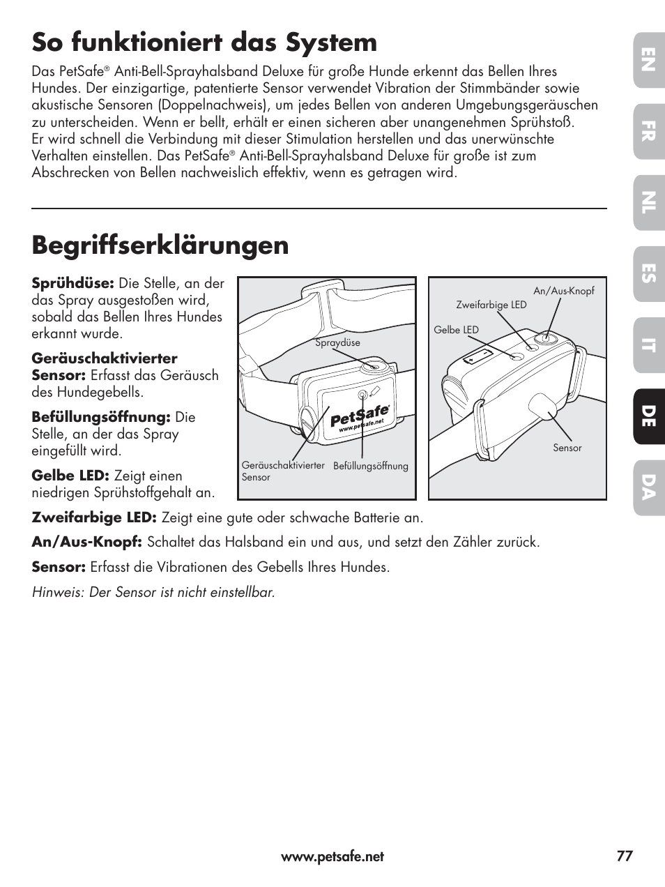 So funktioniert das system, Begriffserklärungen, En fr es nl it da de | Petsafe Elite Big Dog Spray Bark Control User Manual | Page 77 / 102