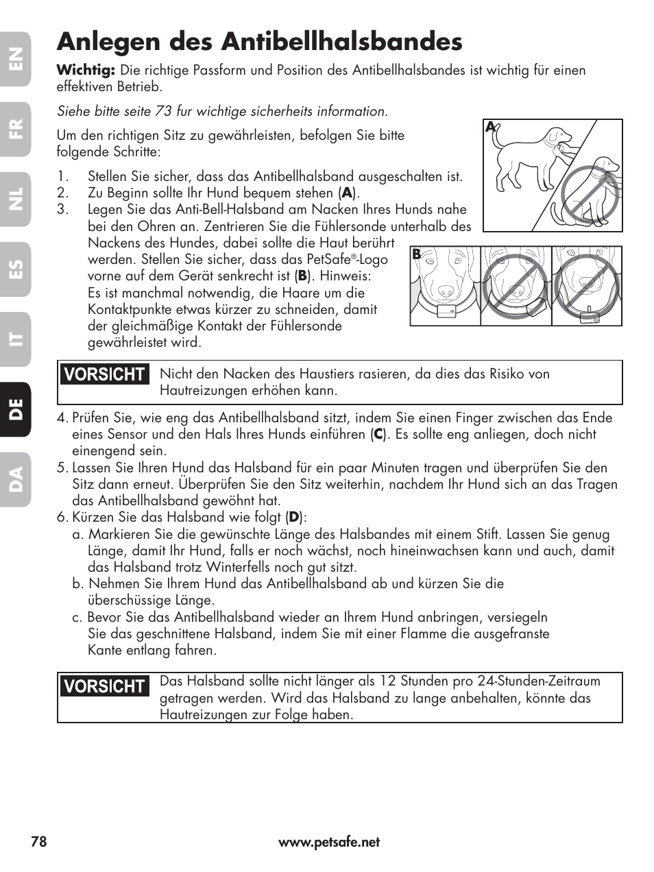 Anlegen des antibellhalsbandes, En fr es nl it da de | Petsafe Elite Big Dog Spray Bark Control User Manual | Page 78 / 102