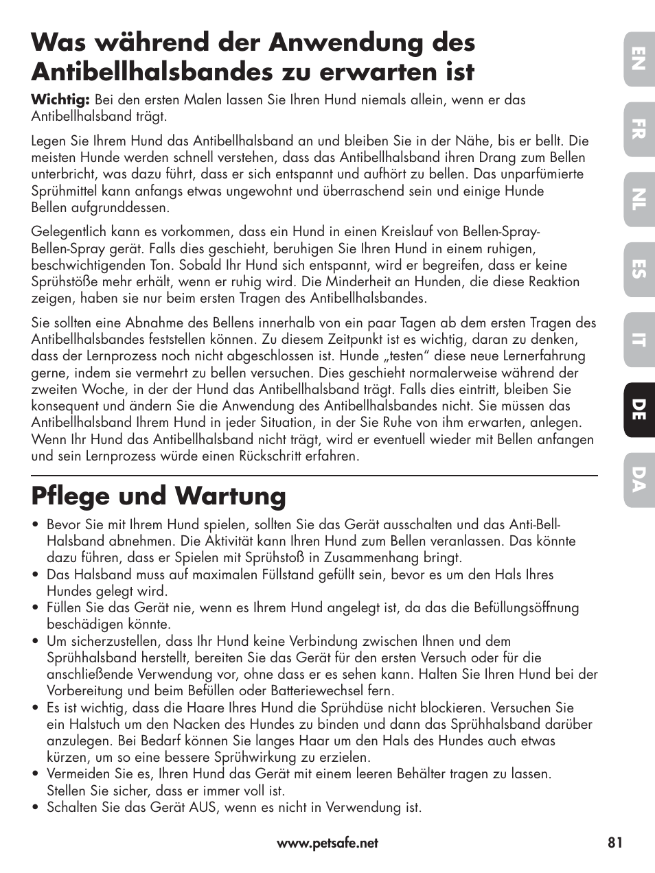 Pflege und wartung, En fr es nl it da de | Petsafe Elite Big Dog Spray Bark Control User Manual | Page 81 / 102