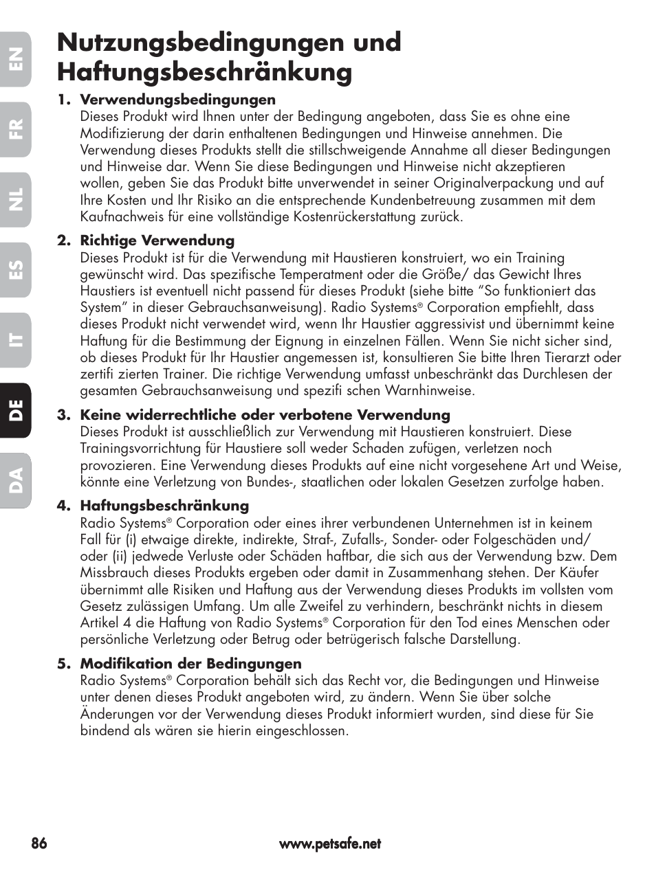Nutzungsbedingungen und haftungsbeschränkung, En fr es nl it da de | Petsafe Elite Big Dog Spray Bark Control User Manual | Page 86 / 102