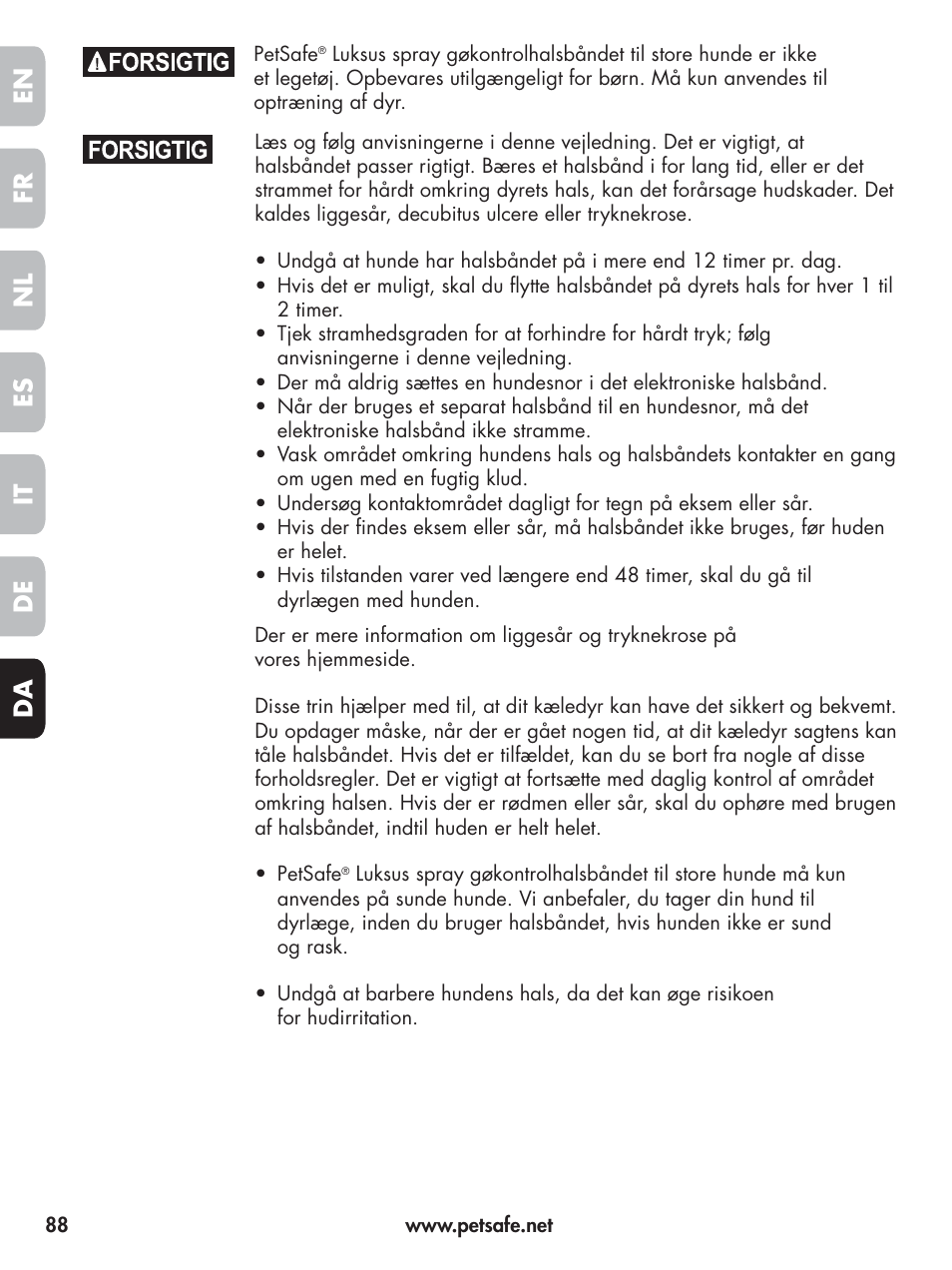 En fr es nl it da de | Petsafe Elite Big Dog Spray Bark Control User Manual | Page 88 / 102