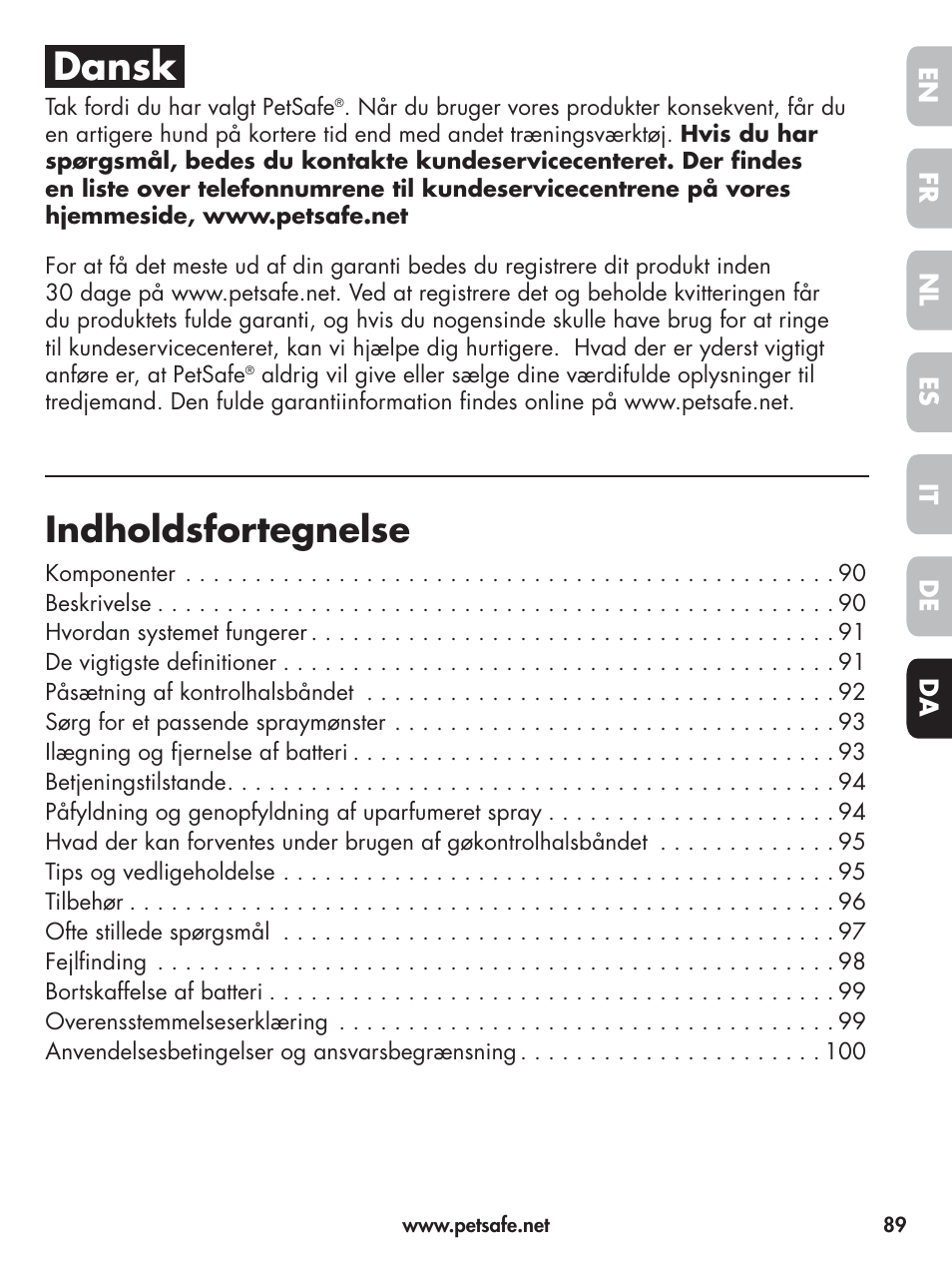 Dansk, Indholdsfortegnelse | Petsafe Elite Big Dog Spray Bark Control User Manual | Page 89 / 102