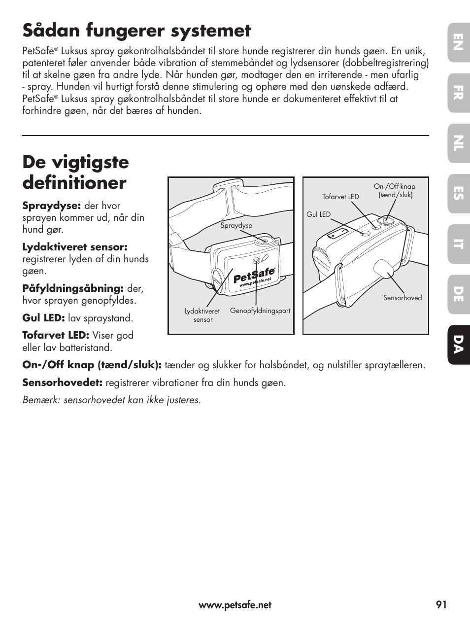Sådan fungerer systemet, De vigtigste definitioner, En fr es nl it da de | Petsafe Elite Big Dog Spray Bark Control User Manual | Page 91 / 102