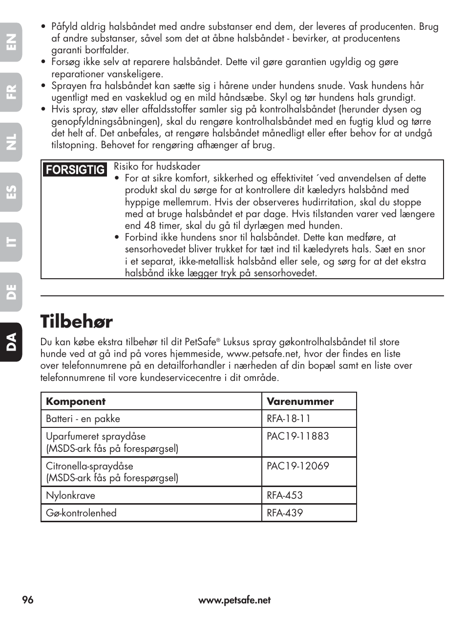 Tilbehør, En fr es nl it da de | Petsafe Elite Big Dog Spray Bark Control User Manual | Page 96 / 102