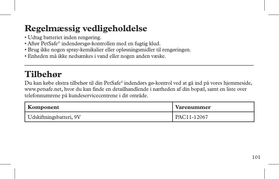 Regelmæssig vedligeholdelse, Tilbehør | Petsafe Indoor Bark Control, Ultrasonic User Manual | Page 101 / 108
