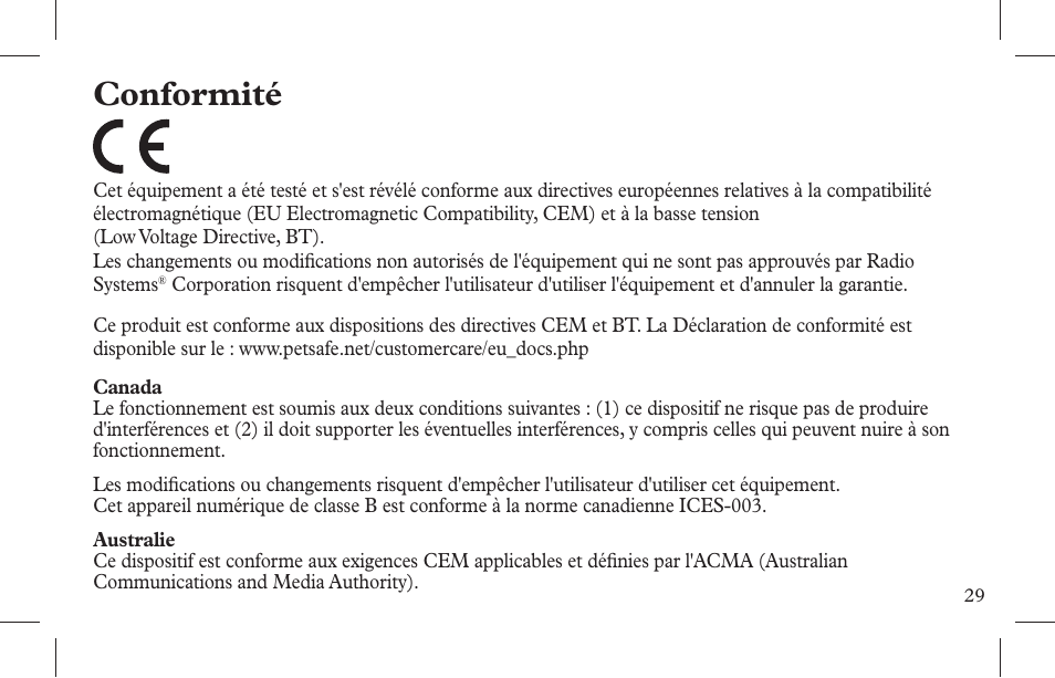 Conformité | Petsafe Indoor Bark Control, Ultrasonic User Manual | Page 29 / 108