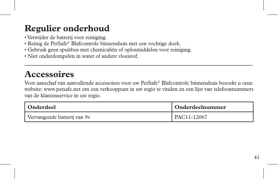 Regulier onderhoud, Accessoires | Petsafe Indoor Bark Control, Ultrasonic User Manual | Page 41 / 108