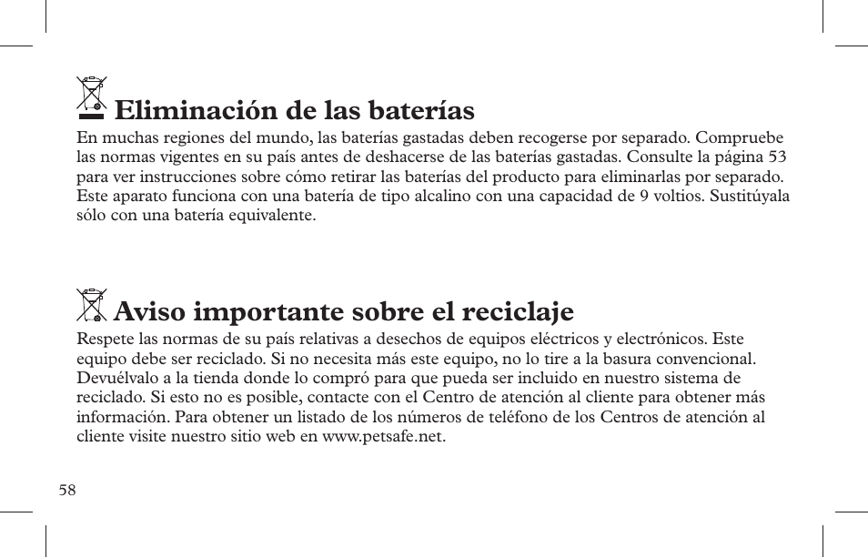 Eliminación de las baterías, Aviso importante sobre el reciclaje | Petsafe Indoor Bark Control, Ultrasonic User Manual | Page 58 / 108