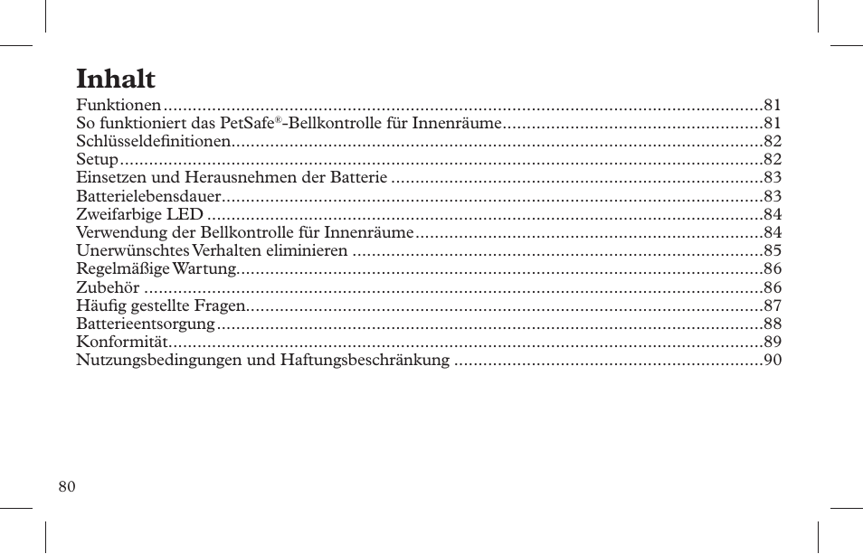 Inhalt | Petsafe Indoor Bark Control, Ultrasonic User Manual | Page 80 / 108
