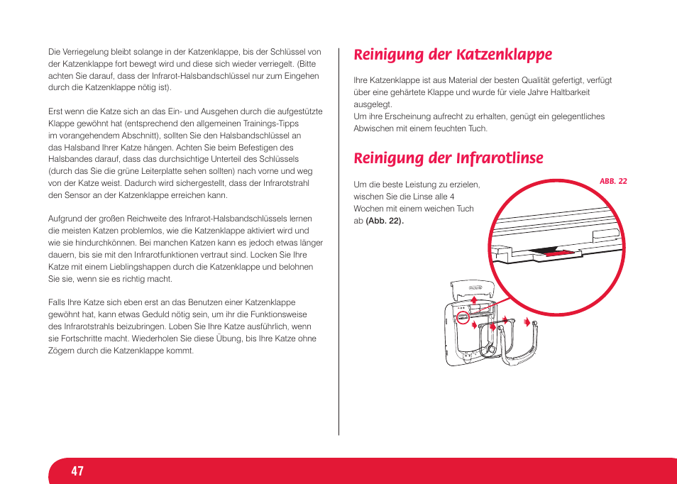 Reinigung der katzenklappe, Reinigung der infrarotlinse | Petsafe Infra Red 4 Way Locking Deluxe Cat Flap User Manual | Page 47 / 74