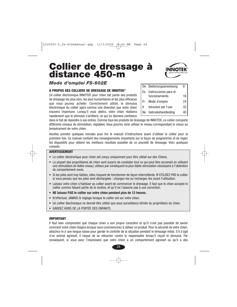 Collier de dressage à distance 450-m | Petsafe Innotek 450 m Remote Training Collar User Manual | Page 24 / 48