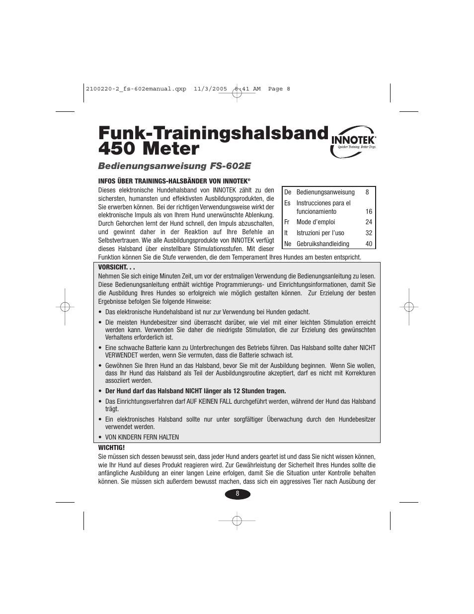 Funk-trainingshalsband 450 meter | Petsafe Innotek 450 m Remote Training Collar User Manual | Page 8 / 48