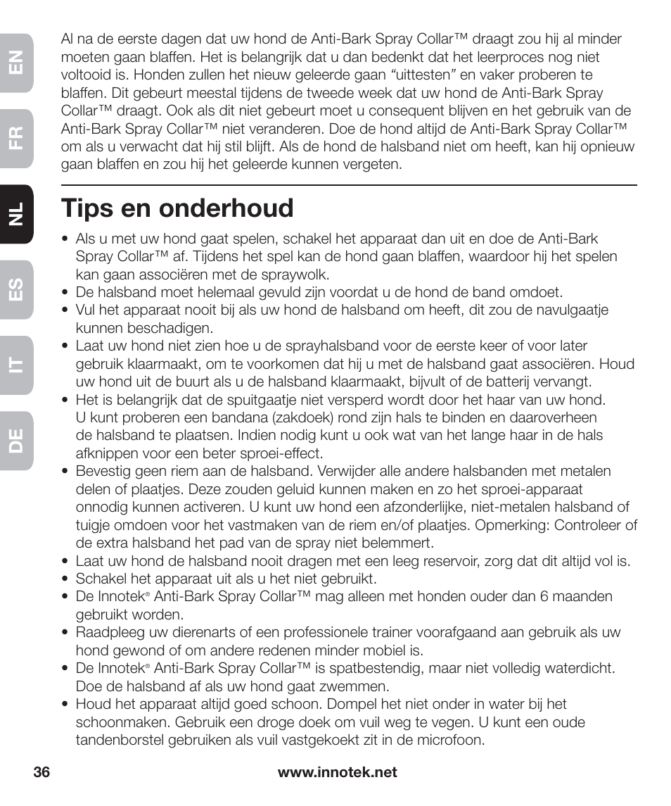 Tips en onderhoud, En fr es nl it de | Petsafe Innotek Anti-Bark Spray Collar™ User Manual | Page 36 / 80