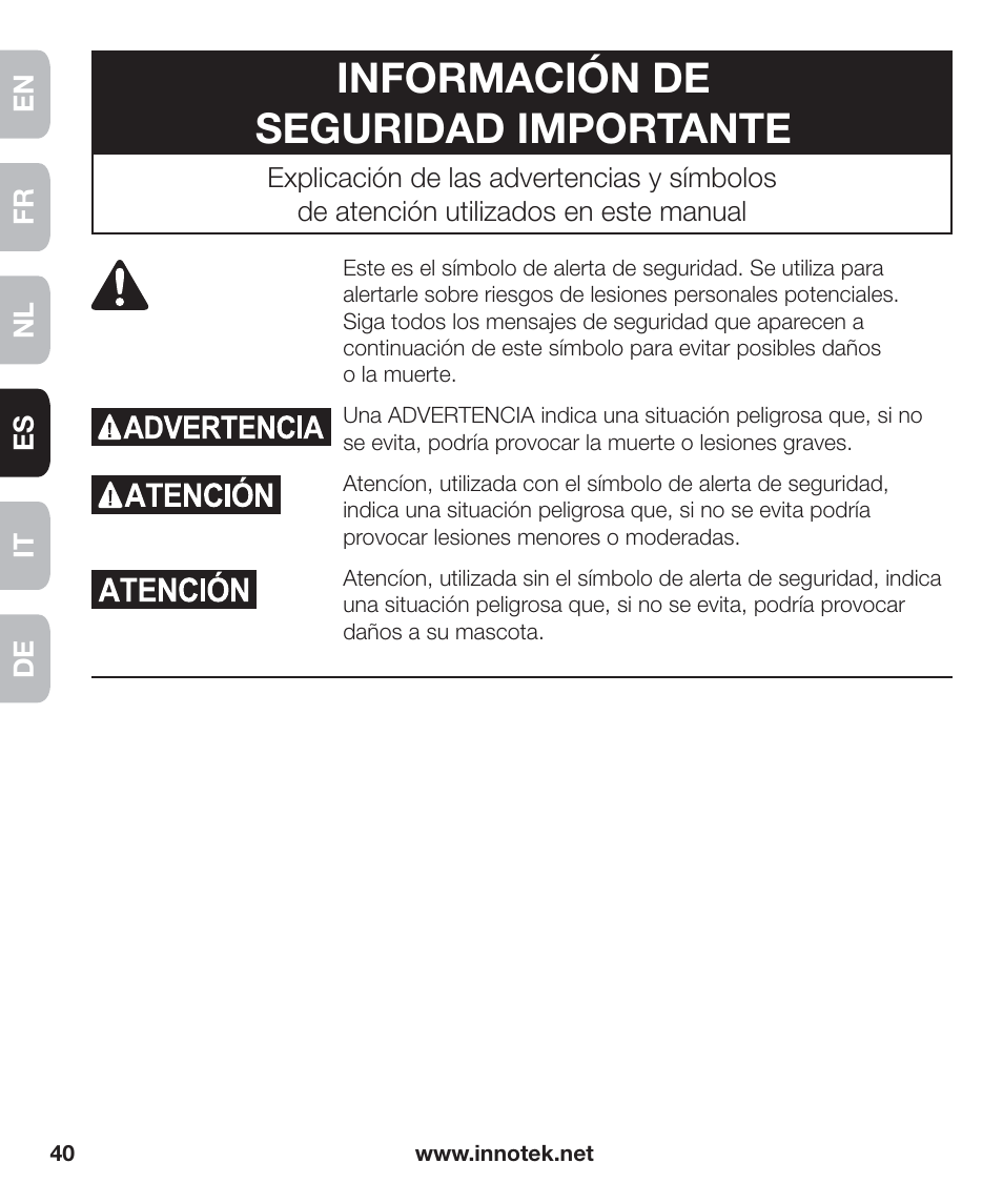 Información de seguridad importante | Petsafe Innotek Anti-Bark Spray Collar™ User Manual | Page 40 / 80