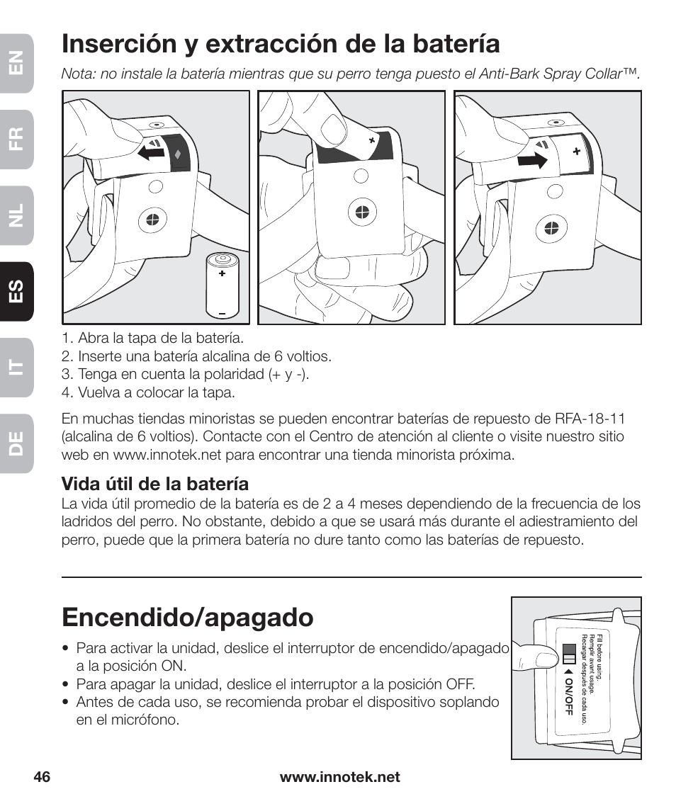 Inserción y extracción de la batería, Encendido/apagado | Petsafe Innotek Anti-Bark Spray Collar™ User Manual | Page 46 / 80