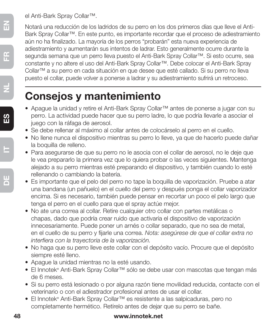 Consejos y mantenimiento, En fr es nl it de | Petsafe Innotek Anti-Bark Spray Collar™ User Manual | Page 48 / 80