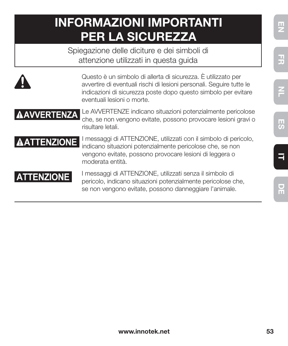 Informazioni importanti per la sicurezza | Petsafe Innotek Anti-Bark Spray Collar™ User Manual | Page 53 / 80