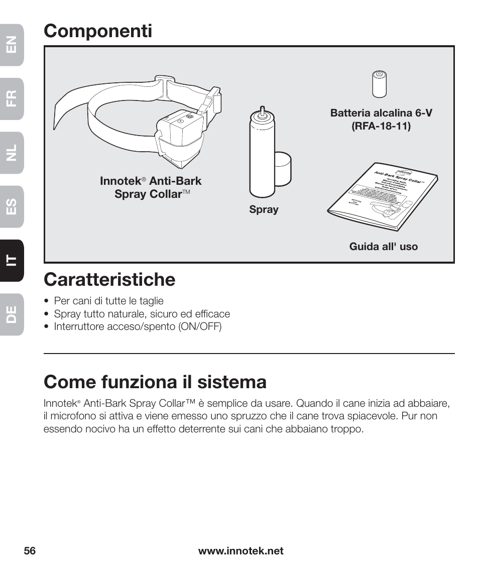 Componenti, Caratteristiche, Come funziona il sistema | En fr es nl it de | Petsafe Innotek Anti-Bark Spray Collar™ User Manual | Page 56 / 80