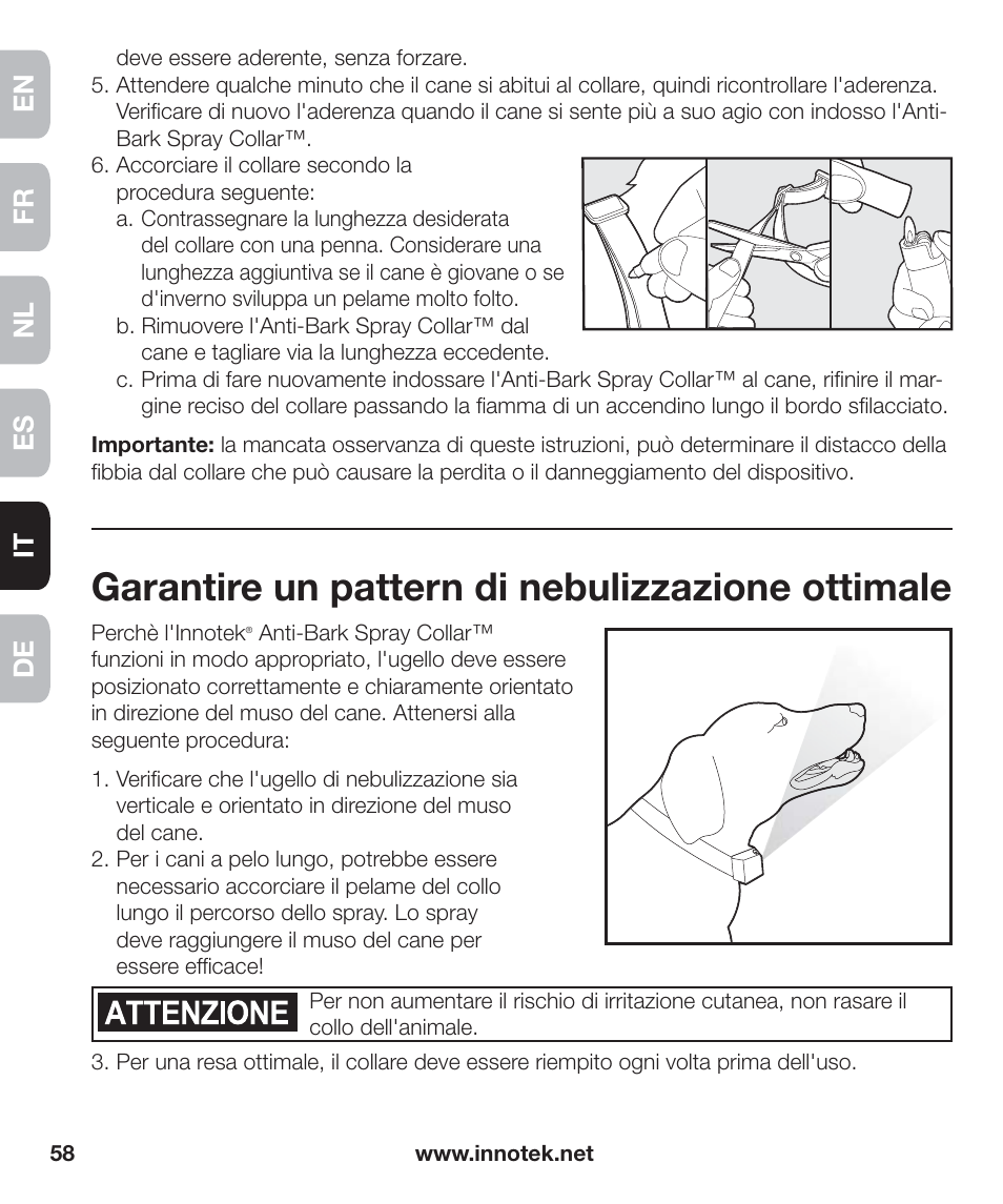 Garantire un pattern di nebulizzazione ottimale, En fr es nl it de | Petsafe Innotek Anti-Bark Spray Collar™ User Manual | Page 58 / 80