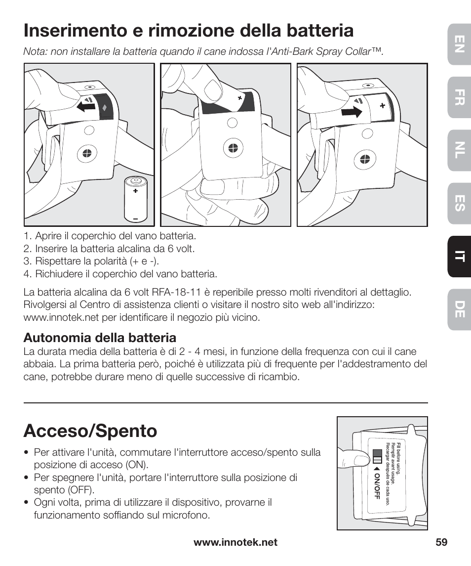 Inserimento e rimozione della batteria, Acceso/spento | Petsafe Innotek Anti-Bark Spray Collar™ User Manual | Page 59 / 80