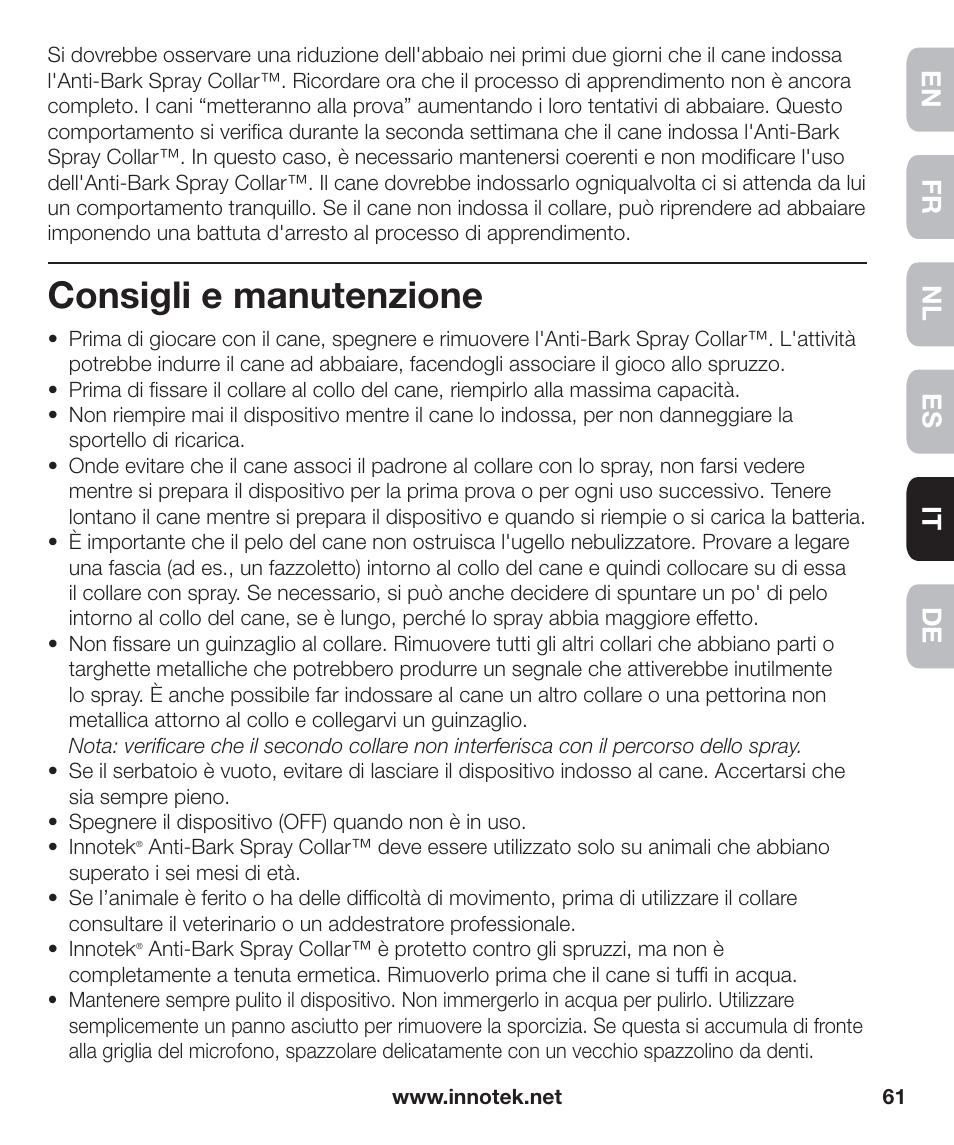 Consigli e manutenzione, En fr es nl it de | Petsafe Innotek Anti-Bark Spray Collar™ User Manual | Page 61 / 80