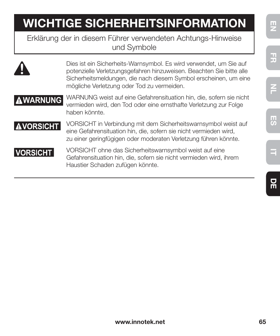 Wichtige sicherheitsinformation | Petsafe Innotek Anti-Bark Spray Collar™ User Manual | Page 65 / 80