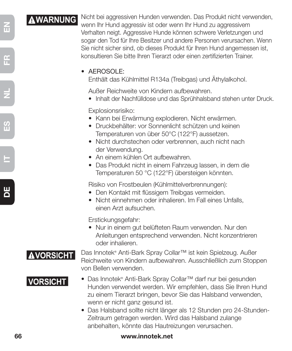 Warnung, En fr es nl it de | Petsafe Innotek Anti-Bark Spray Collar™ User Manual | Page 66 / 80