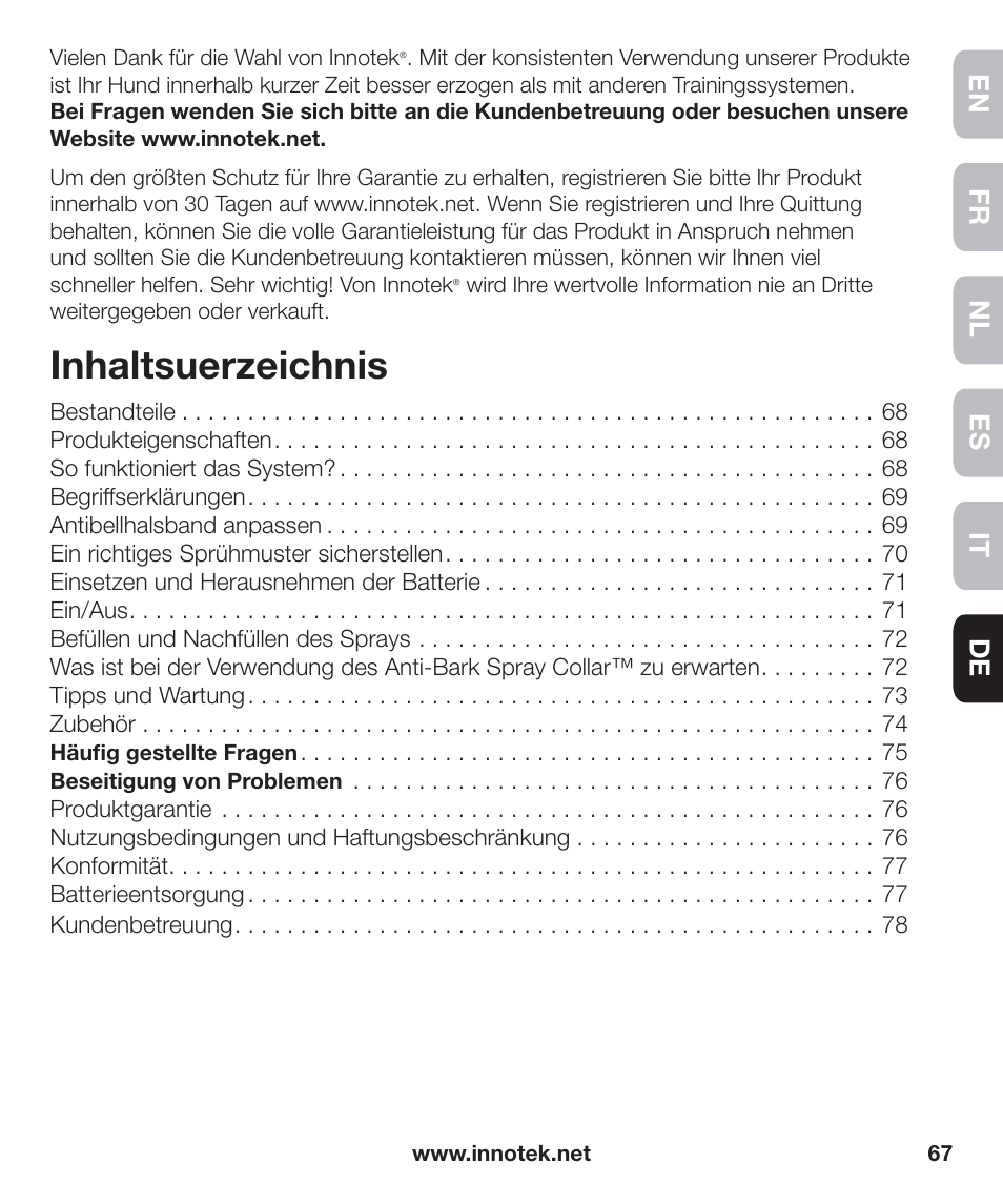Inhaltsuerzeichnis, En fr es nl it de | Petsafe Innotek Anti-Bark Spray Collar™ User Manual | Page 67 / 80