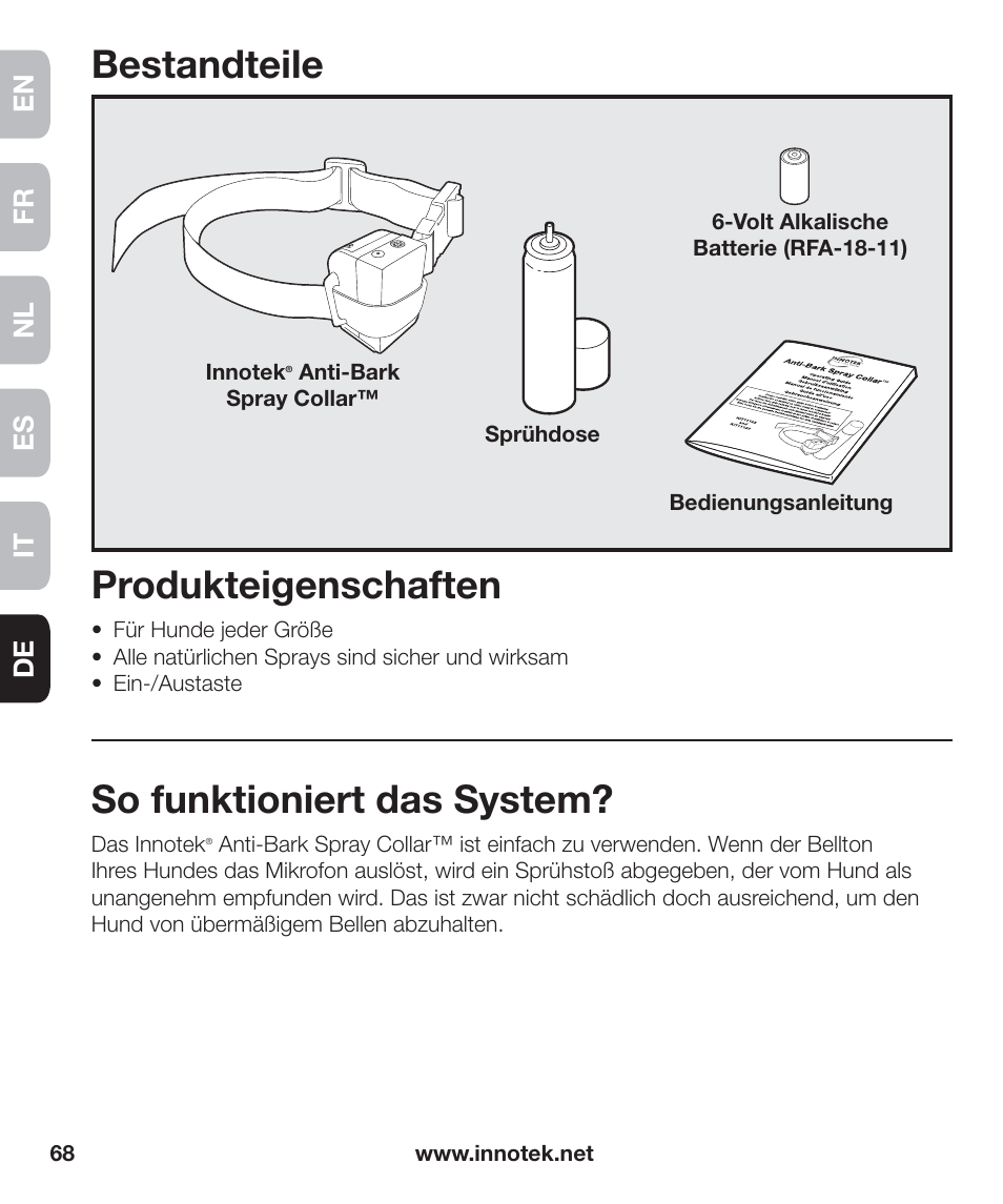 Bestandteile, Produkteigenschaften, So funktioniert das system | En fr es nl it de | Petsafe Innotek Anti-Bark Spray Collar™ User Manual | Page 68 / 80