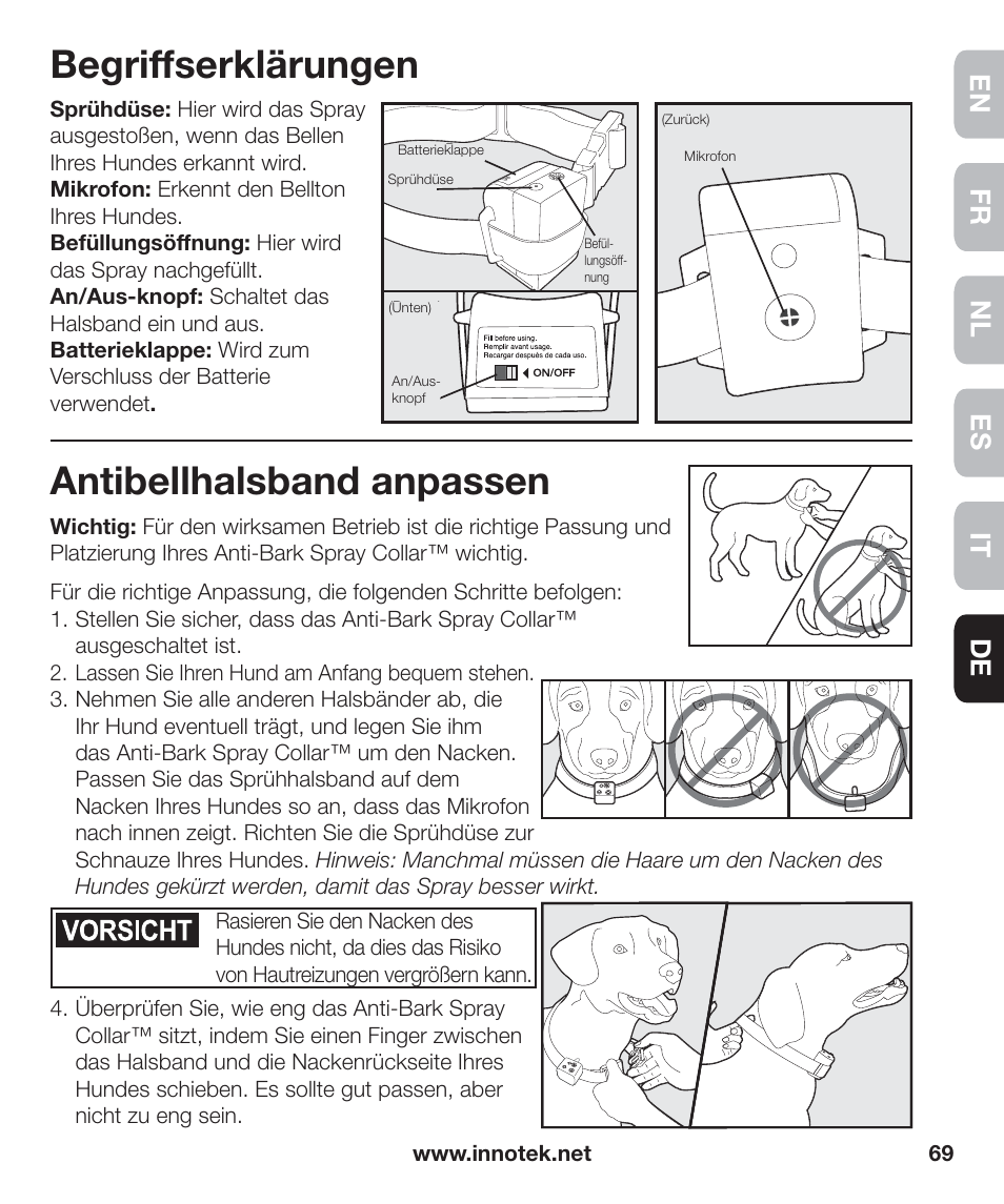 Begriffserklärungen, Antibellhalsband anpassen, En fr es nl it de | Petsafe Innotek Anti-Bark Spray Collar™ User Manual | Page 69 / 80