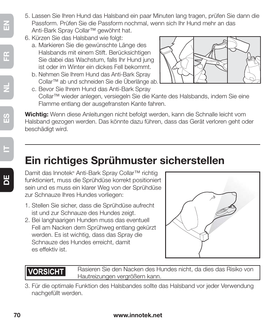 Ein richtiges sprühmuster sicherstellen, En fr es nl it de | Petsafe Innotek Anti-Bark Spray Collar™ User Manual | Page 70 / 80
