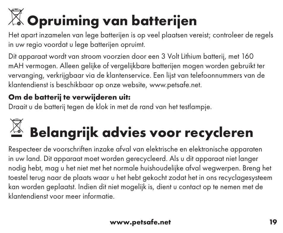 Opruiming van batterijen, Belangrijk advies voor recycleren | Petsafe Little Dog Add-A-Dog® Extra Receiver Collar User Manual | Page 19 / 40