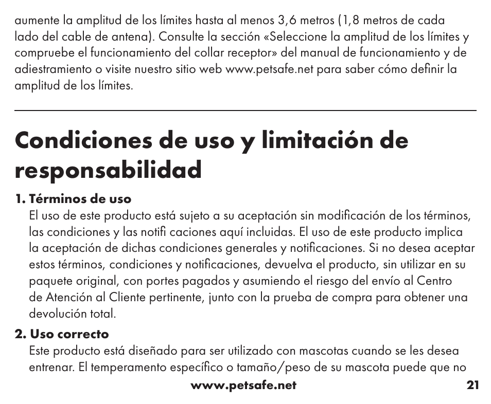 Condiciones de uso y limitación de responsabilidad | Petsafe Little Dog Add-A-Dog® Extra Receiver Collar User Manual | Page 21 / 40