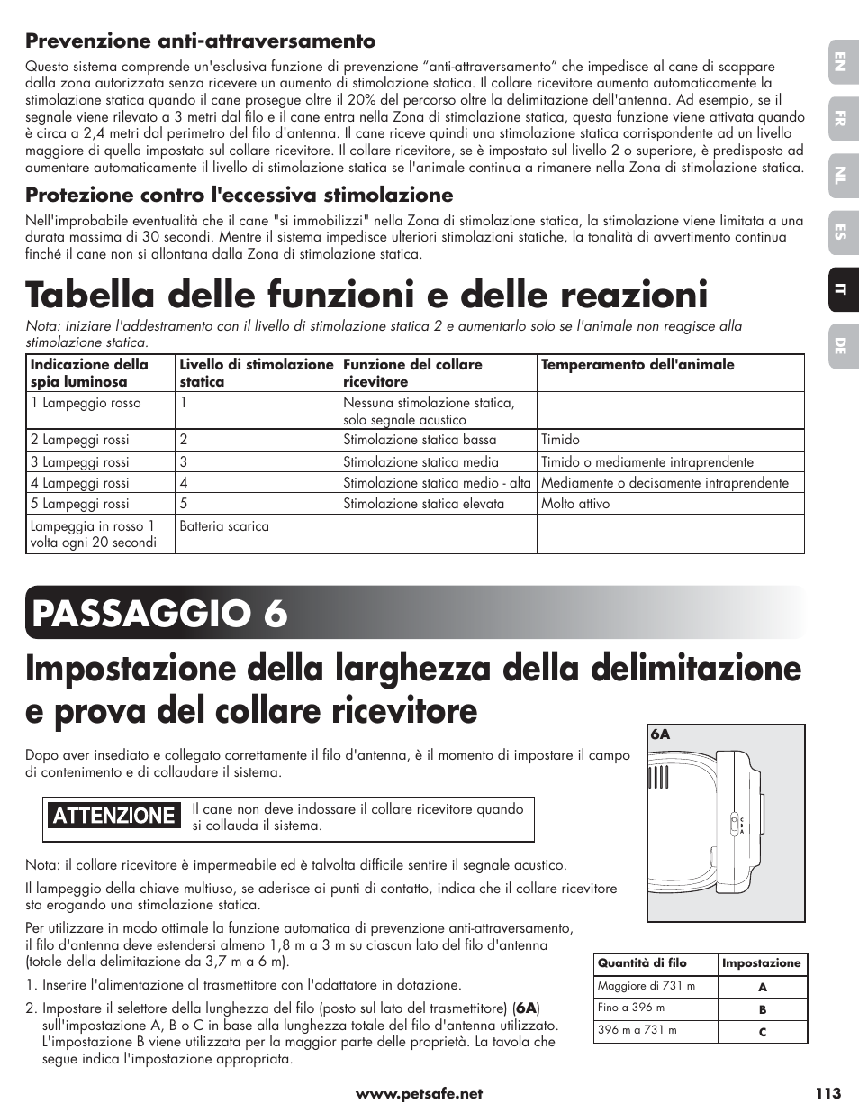 Tabella delle funzioni e delle reazioni, Prevenzione anti-attraversamento, Protezione contro l'eccessiva stimolazione | Petsafe Little Dog Deluxe In-Ground Fence™ User Manual | Page 113 / 152