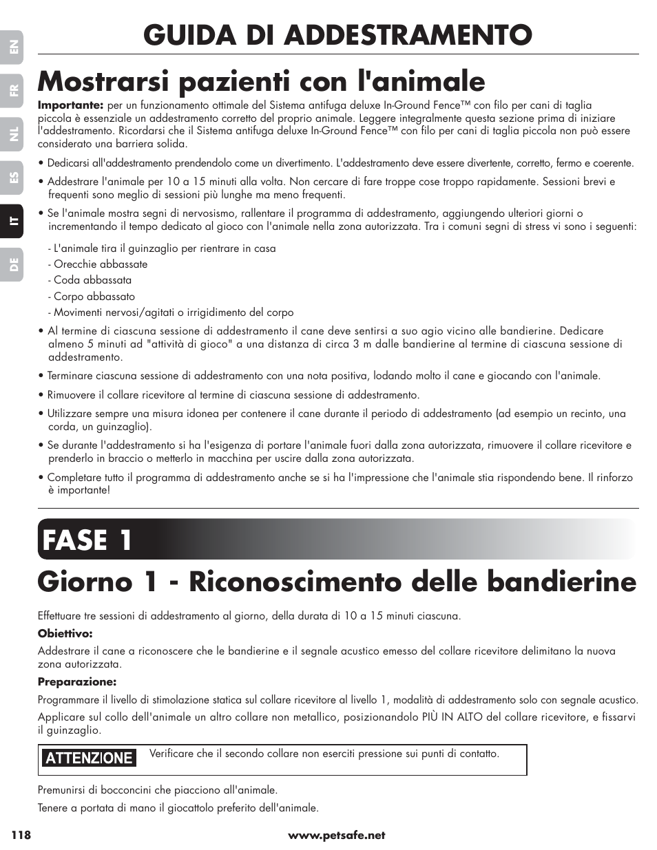 Fase 1 giorno 1 - riconoscimento delle bandierine | Petsafe Little Dog Deluxe In-Ground Fence™ User Manual | Page 118 / 152