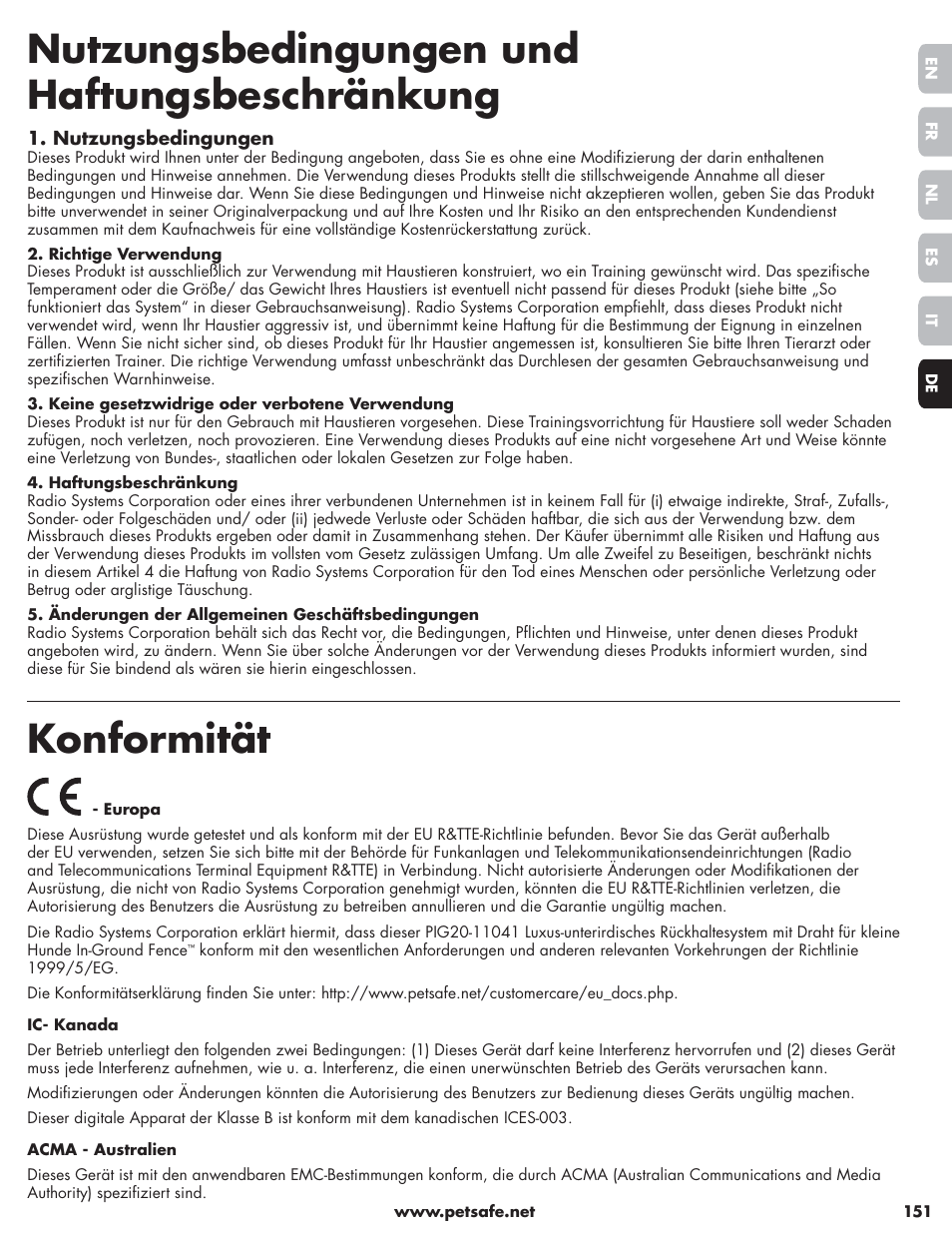 Nutzungsbedingungen und haftungsbeschränkung, Konformität | Petsafe Little Dog Deluxe In-Ground Fence™ User Manual | Page 151 / 152