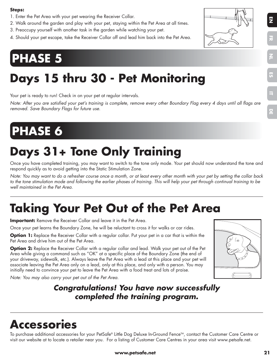Phase 6 days 31+ tone only training, Taking your pet out of the pet area, Accessories | Petsafe Little Dog Deluxe In-Ground Fence™ User Manual | Page 21 / 152