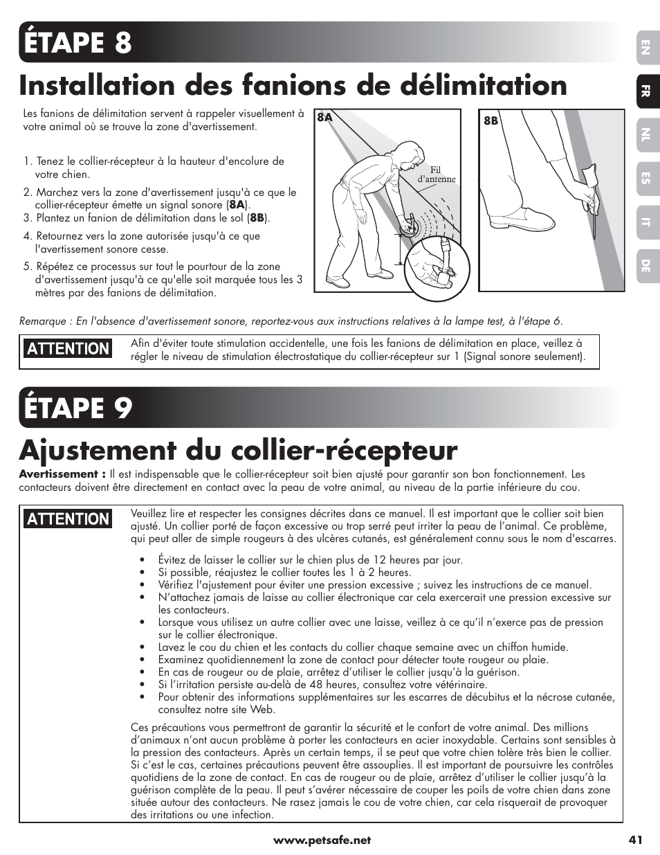 Étape 8 installation des fanions de délimitation, Étape 9 ajustement du collier-récepteur | Petsafe Little Dog Deluxe In-Ground Fence™ User Manual | Page 41 / 152