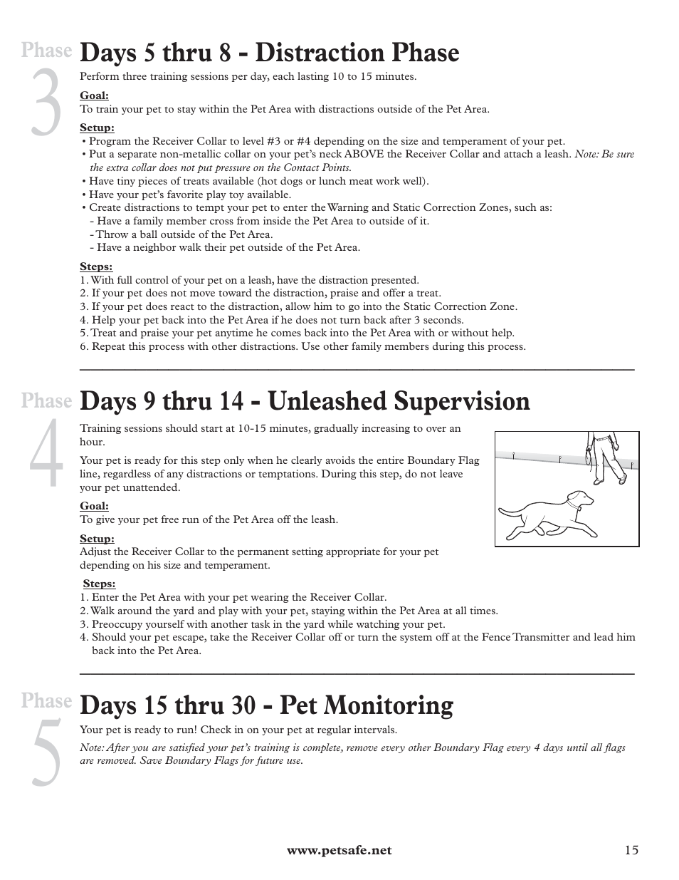 Days 5 thru 8 - distraction phase, Days 9 thru 14 - unleashed supervision, Days 15 thru 30 - pet monitoring | Petsafe Little Dog Deluxe In-Ground Fence™ User Manual | Page 15 / 24