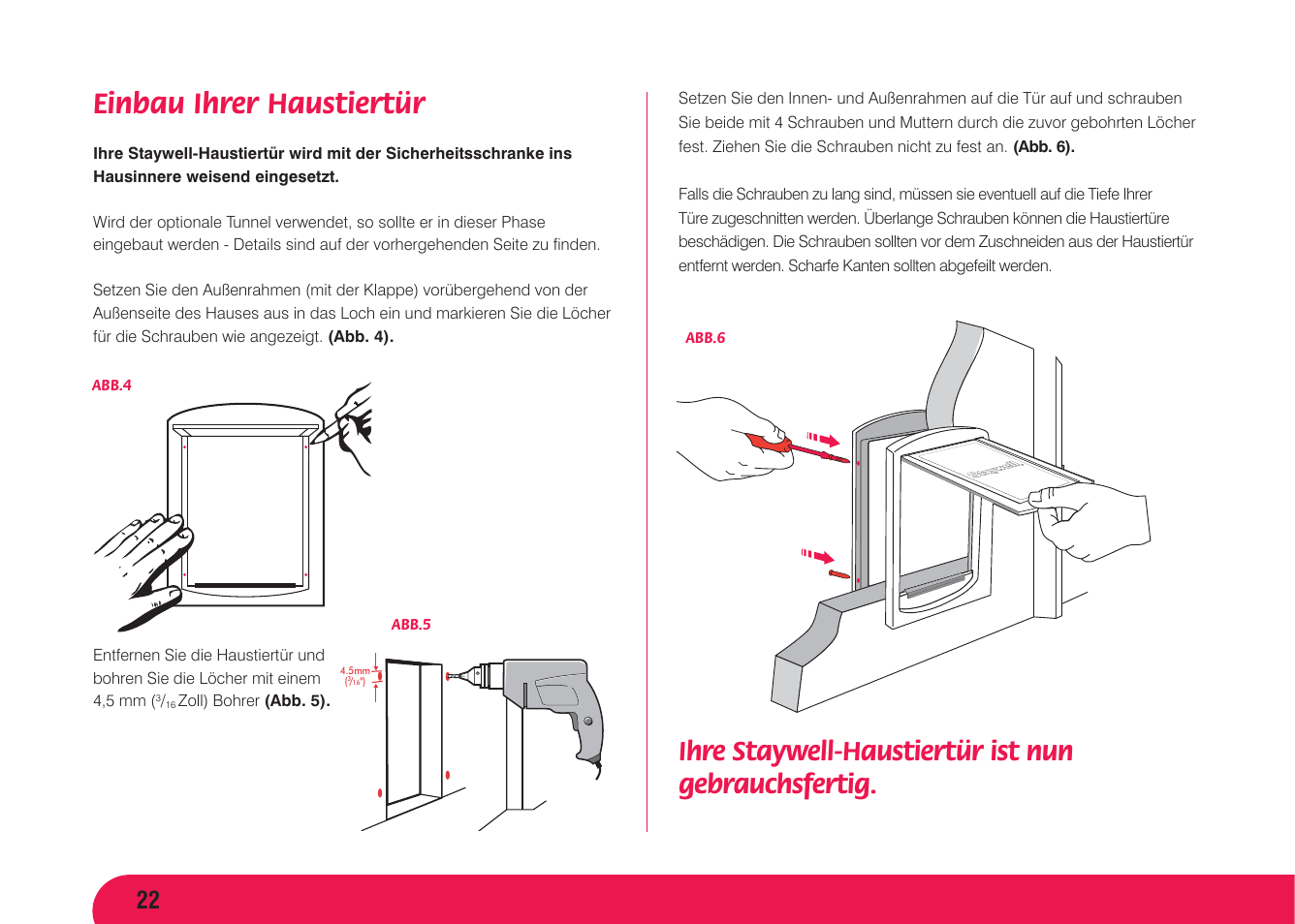 Einbau ihrer haustiertür, Ihre staywell-haustiertür ist nun gebrauchsfertig | Petsafe Original 2 Way Pet Door User Manual | Page 23 / 40