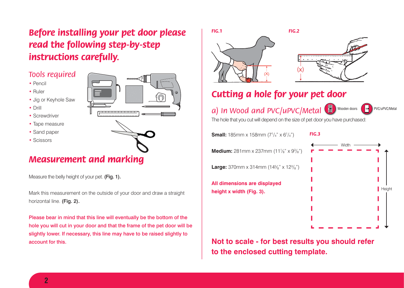 Measurement and marking, Cutting a hole for your pet door, Tools required | A) in wood and pvc/upvc/metal | Petsafe Original 2 Way Pet Door User Manual | Page 3 / 40