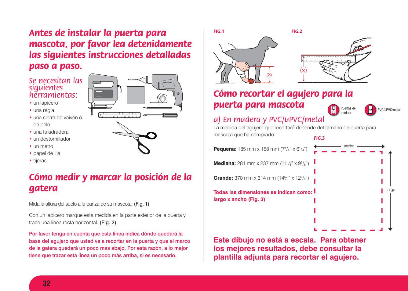 Cómo medir y marcar la posición de la gatera, Se necesitan las siguientes herramientas, A) en madera y pvc/upvc/metal | Petsafe Original 2 Way Pet Door User Manual | Page 33 / 40