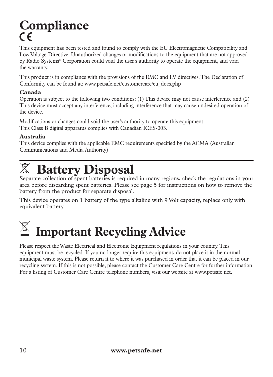 Compliance, Battery disposal, Important recycling advice | Petsafe Outdoor Bark Control User Manual | Page 10 / 72