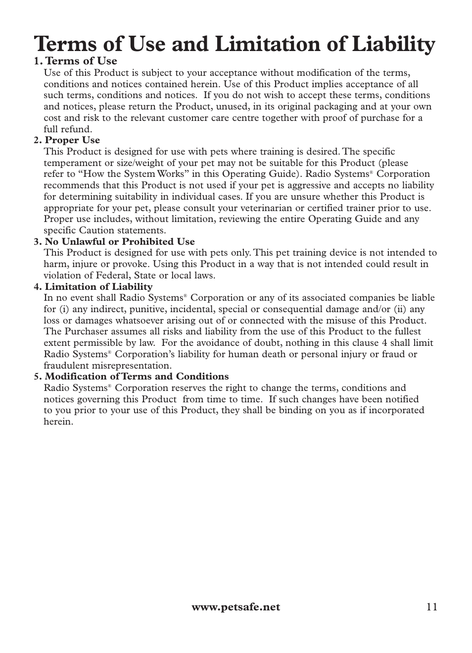 Terms of use and limitation of liability | Petsafe Outdoor Bark Control User Manual | Page 11 / 72