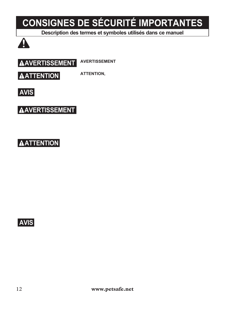 Consignes de sécurité importantes, Avertissement, Attention | Avis | Petsafe Outdoor Bark Control User Manual | Page 12 / 72