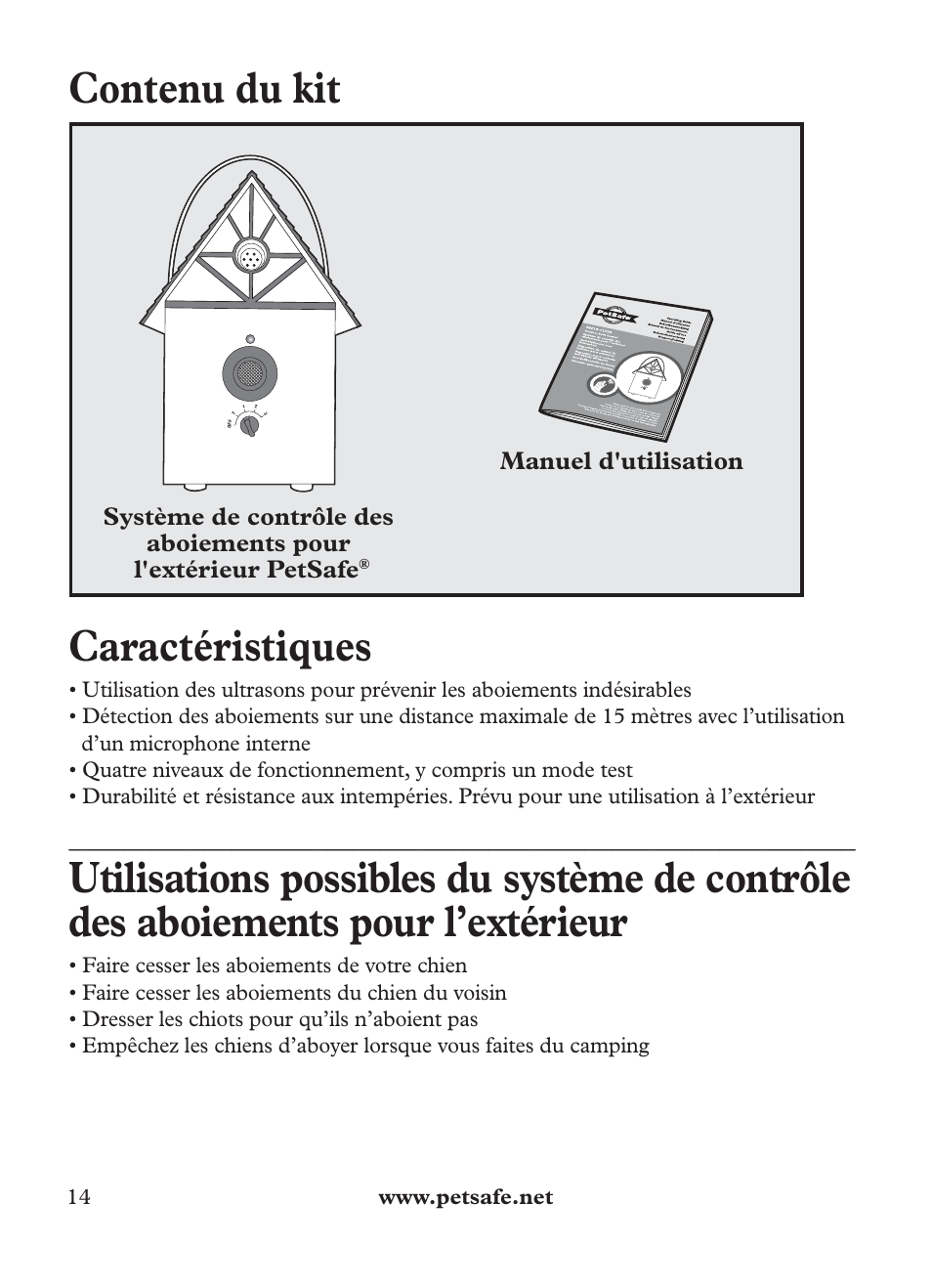 Contenu du kit, Caractéristiques | Petsafe Outdoor Bark Control User Manual | Page 14 / 72
