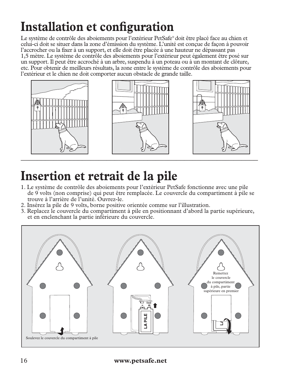 Installation et confi guration, Insertion et retrait de la pile | Petsafe Outdoor Bark Control User Manual | Page 16 / 72