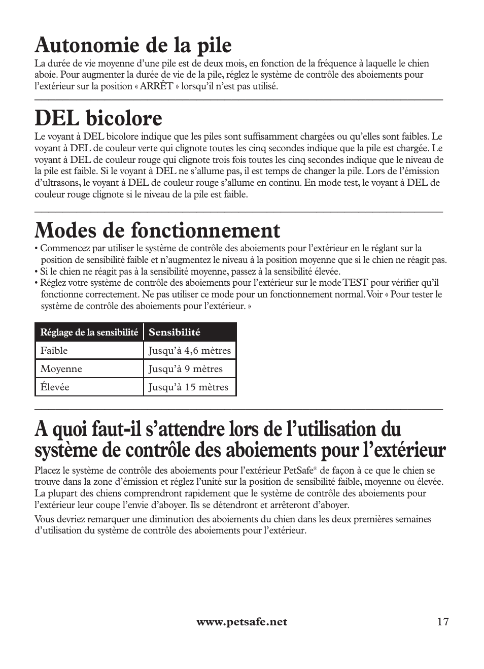 Autonomie de la pile, Del bicolore, Modes de fonctionnement | Petsafe Outdoor Bark Control User Manual | Page 17 / 72