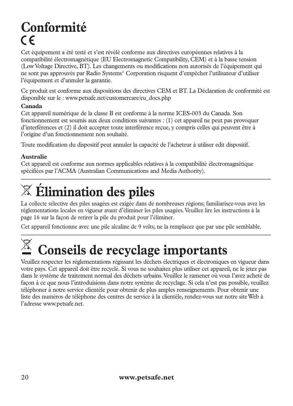 Conformité, Élimination des piles, Conseils de recyclage importants | Petsafe Outdoor Bark Control User Manual | Page 20 / 72