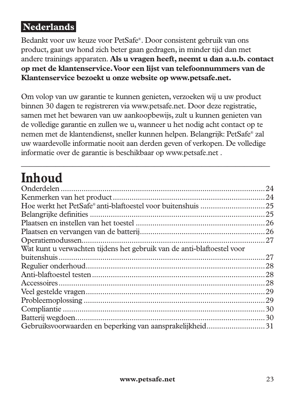 Inhoud | Petsafe Outdoor Bark Control User Manual | Page 23 / 72